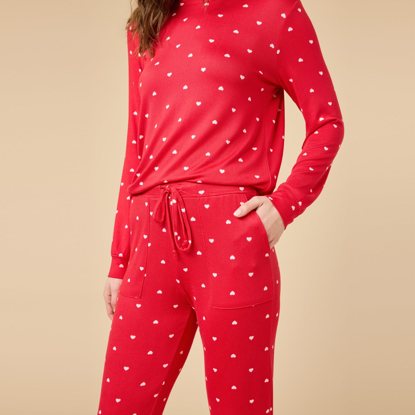 Dream Jersey Crew Neck Lounge Set in Red w Hearts