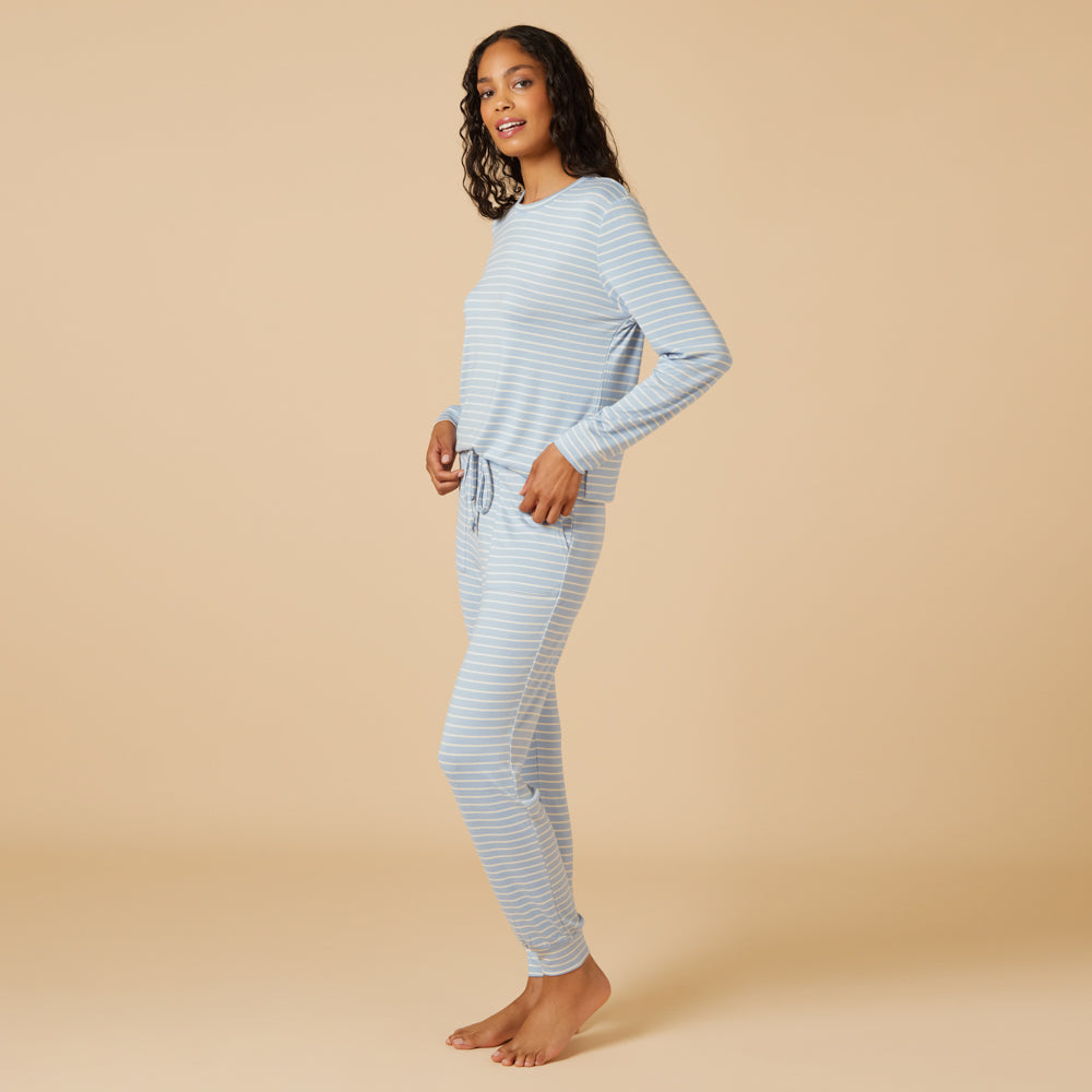 Dream Jersey Crew Neck Lounge Set Sky Blue Stripe