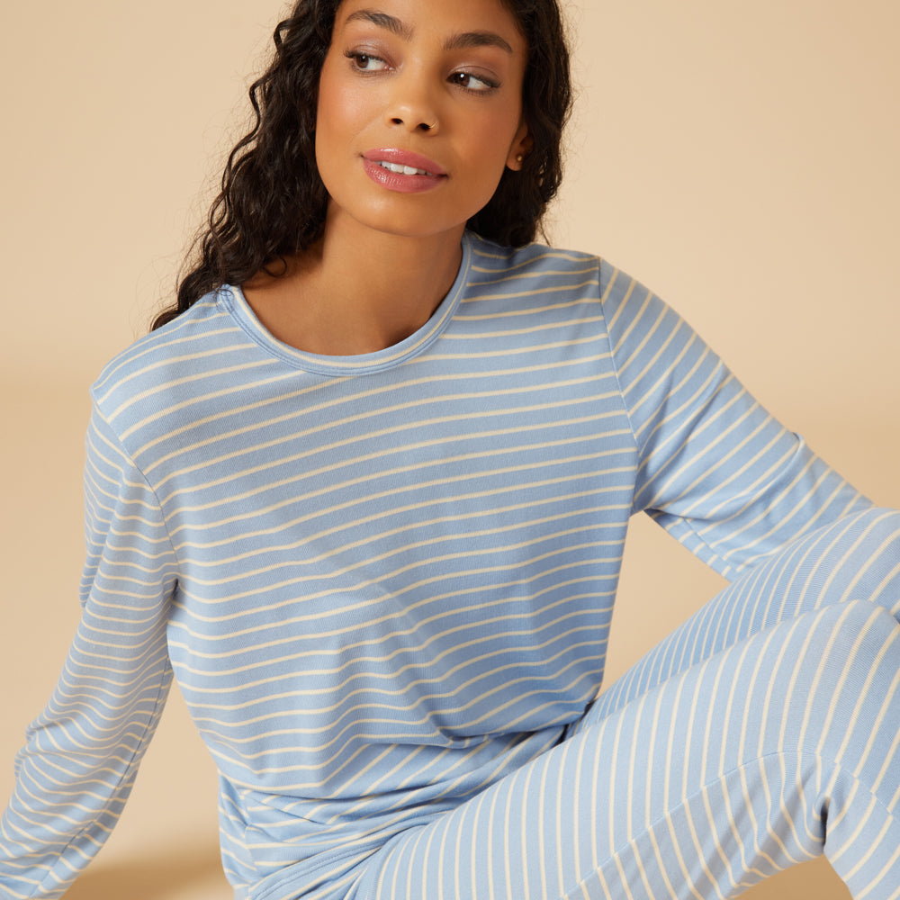 Dream Jersey Crew Neck Lounge Set Sky Blue Stripe