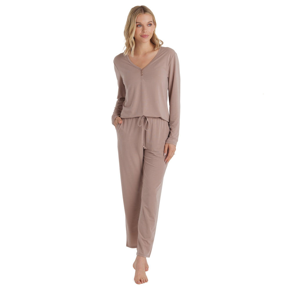 Quinn - Y-Neck Henley Long PJ Set Coco
