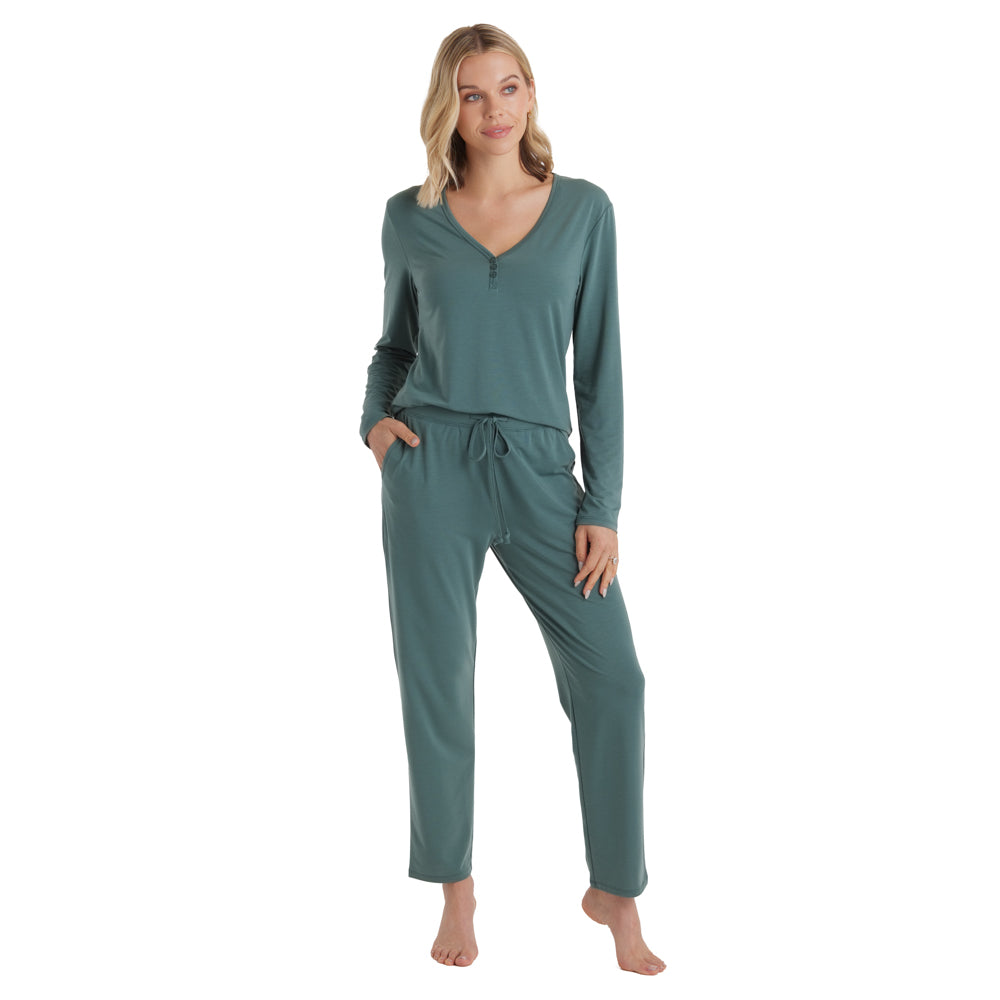 Quinn - Y-Neck Henley Long PJ Set Dusty Green