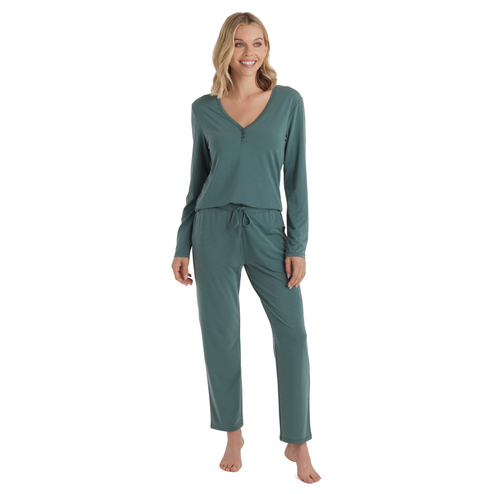 Quinn - Y-Neck Henley Long PJ Set Dusty Green