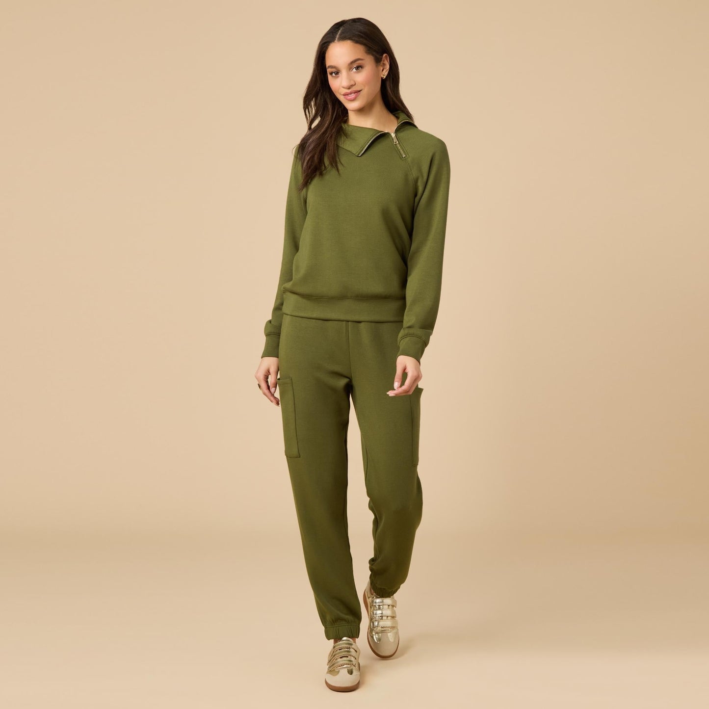 DreamTech Zip Mock Neck with Ankle Pant in Olive