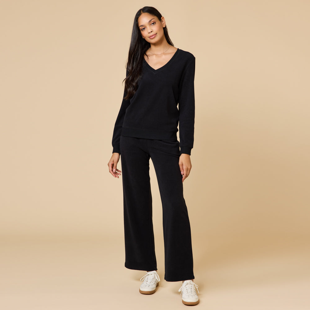 Vintage Velvet V-Neck with Wide Leg Pant Black
