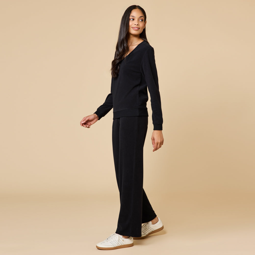 Vintage Velvet V-Neck with Wide Leg Pant Black