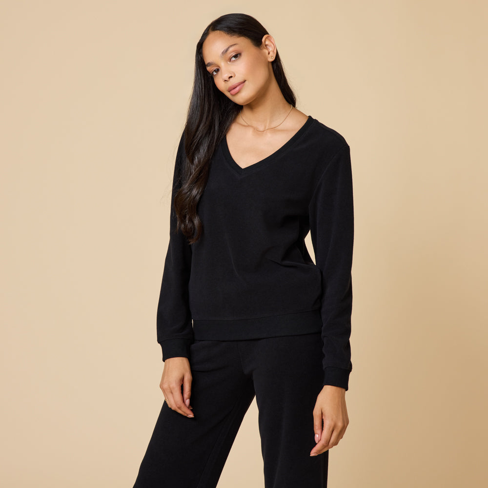 Vintage Velvet V-Neck with Wide Leg Pant Black