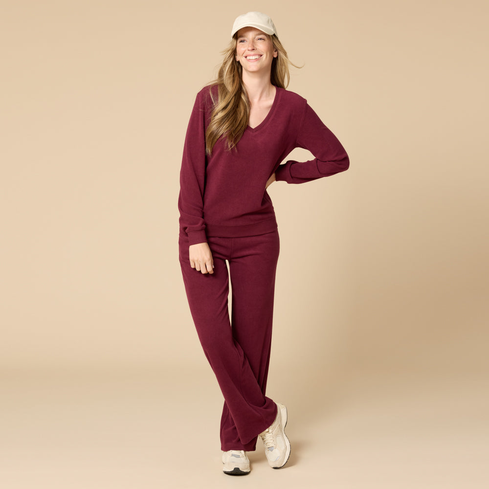 Vintage Velvet V-Neck with Wide Leg Pant Cherry Cola