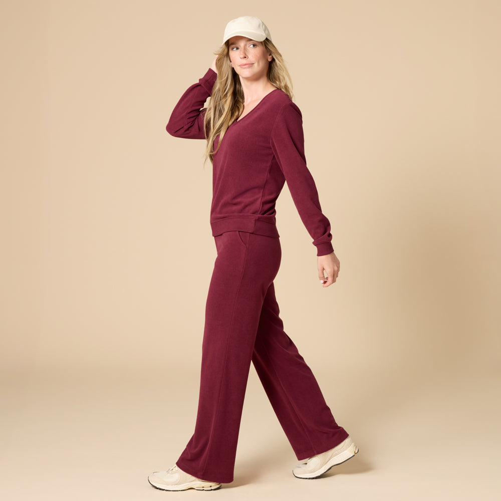Vintage Velvet V-Neck with Wide Leg Pant Cherry Cola