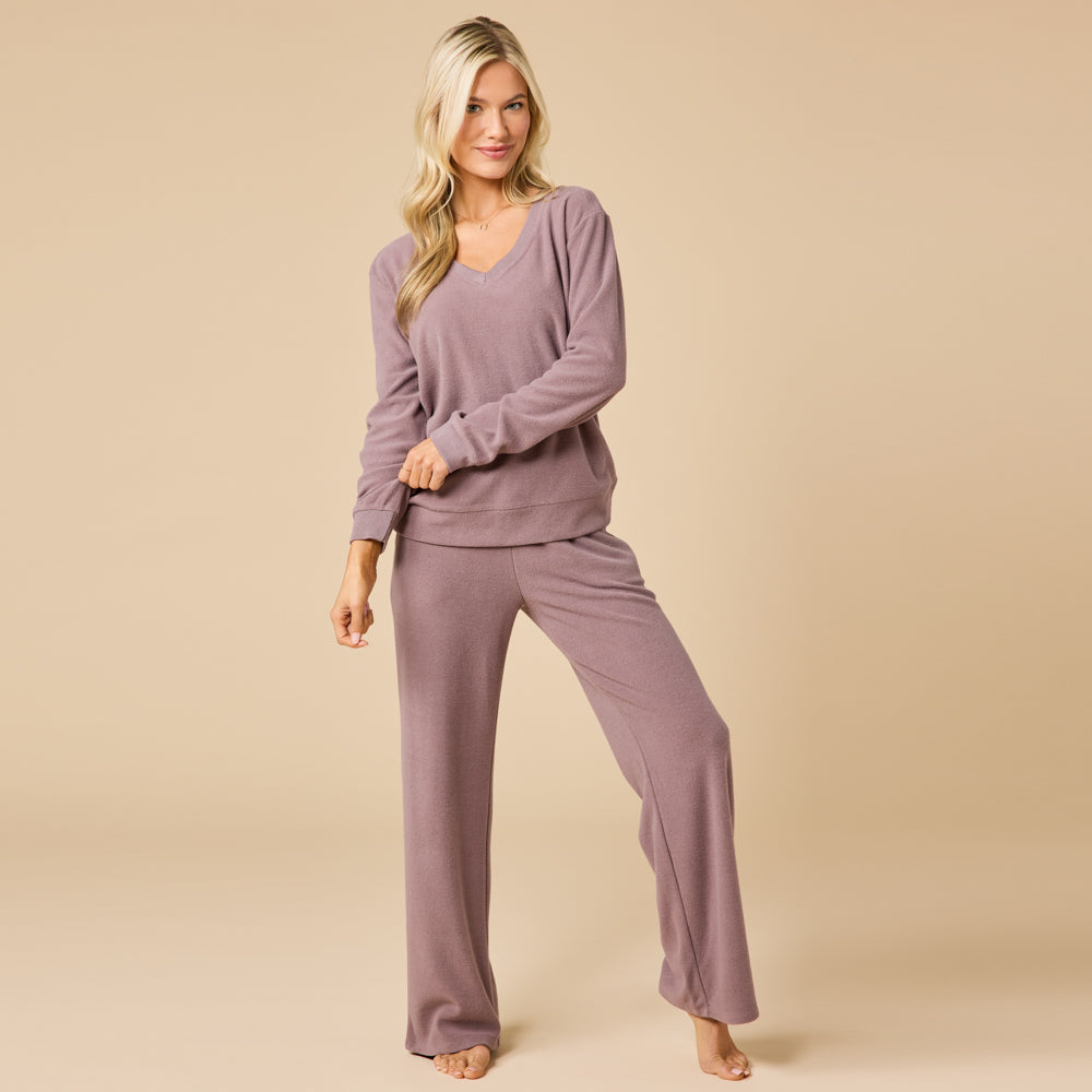 Vintage Velvet V-Neck with Wide Leg Pant Driftwood