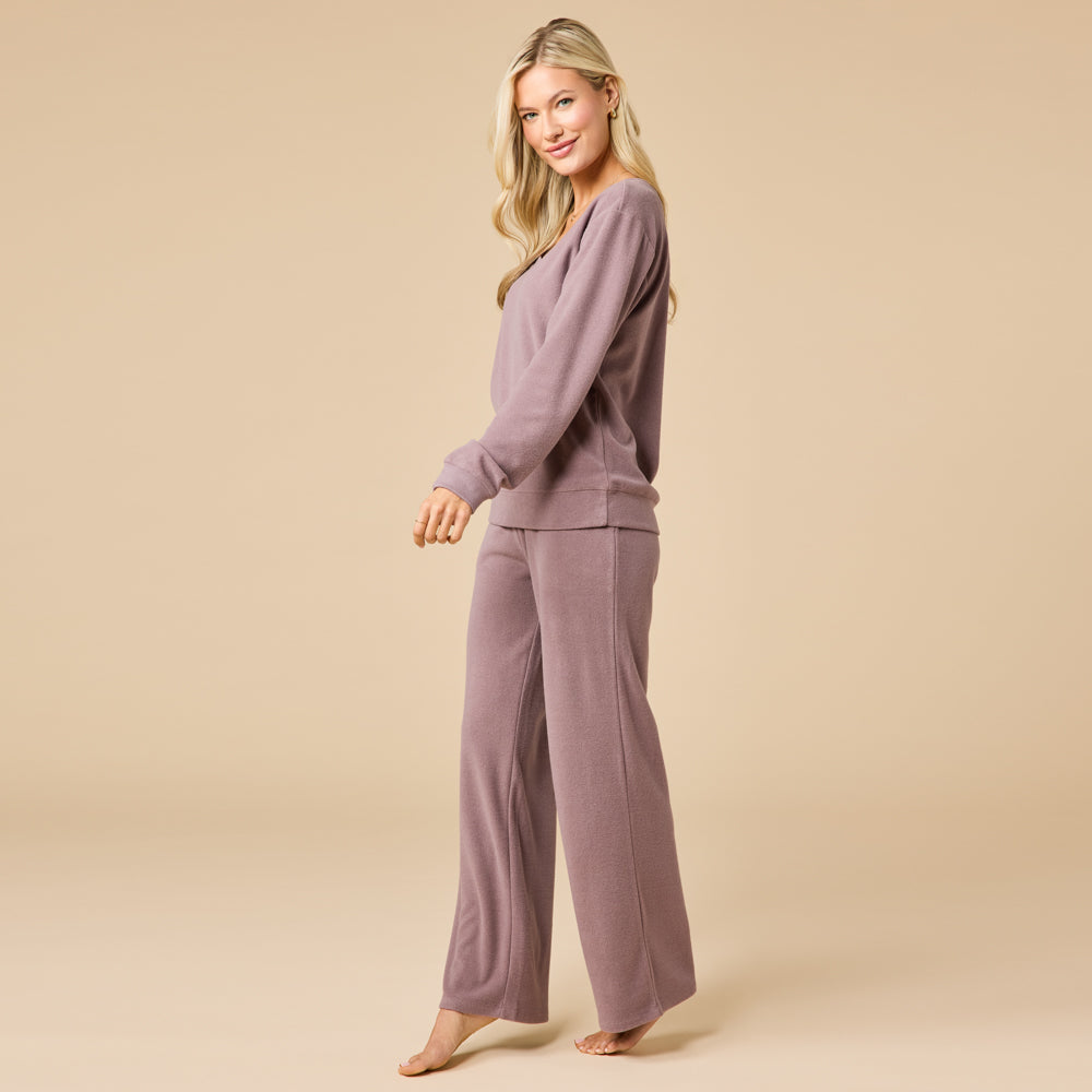 Vintage Velvet V-Neck with Wide Leg Pant Driftwood