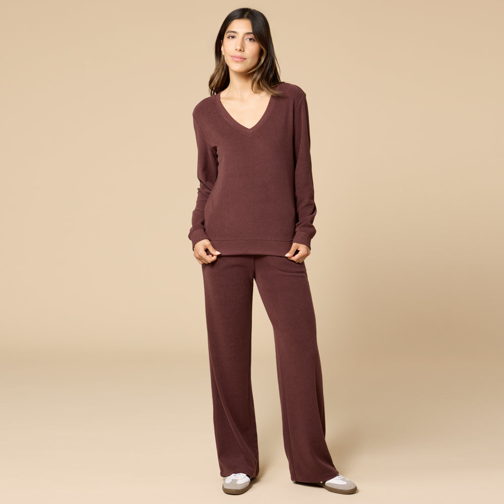 Vintage Velvet V-Neck with Wide Leg Pant Espresso