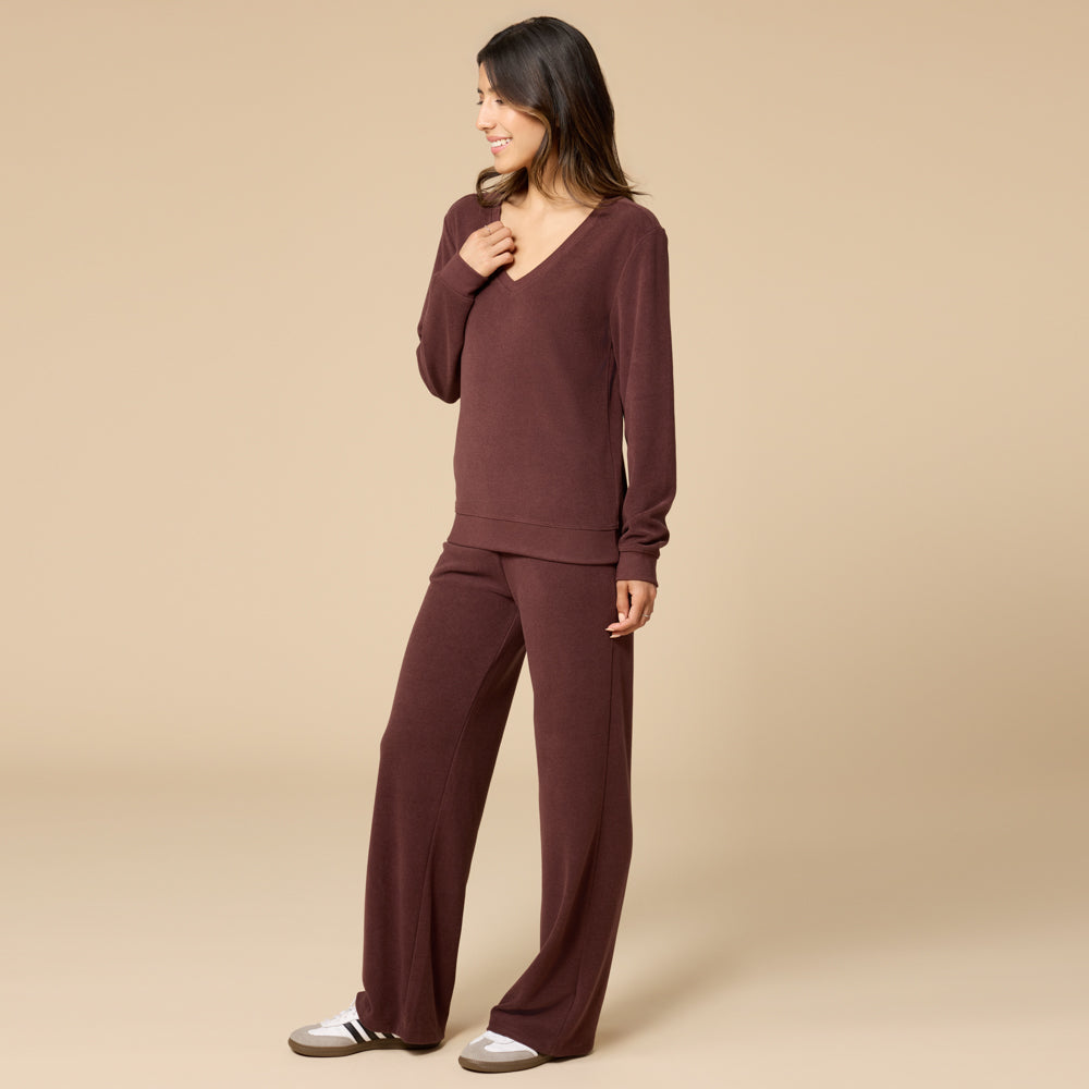 Vintage Velvet V-Neck with Wide Leg Pant Espresso