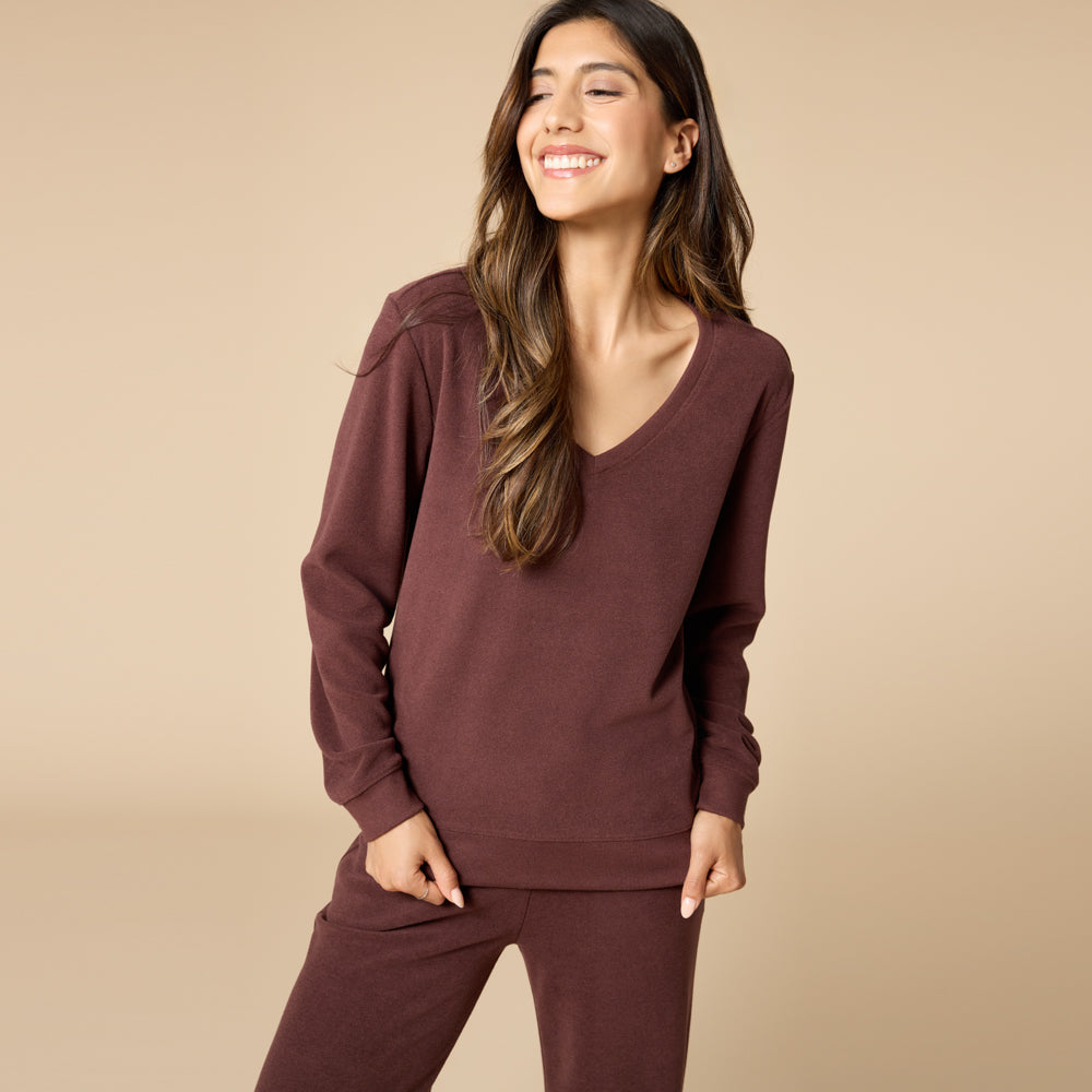 Vintage Velvet V-Neck with Wide Leg Pant Espresso