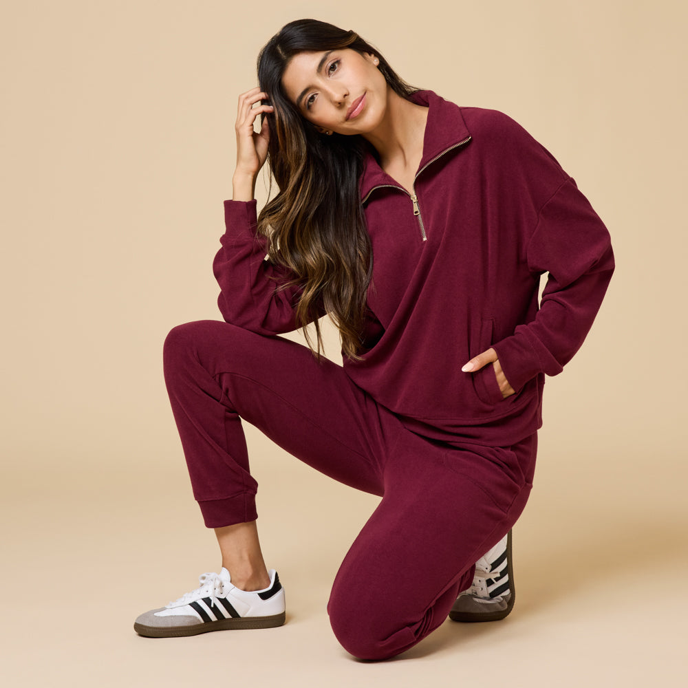 Vintage Velvet 1/4 Zip with Jogger Cherry Cola