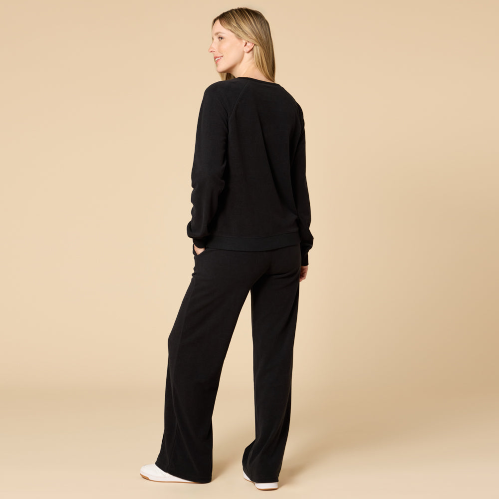 Vintage Velvet Raglan Crew Neck with Pintuck Pant Black