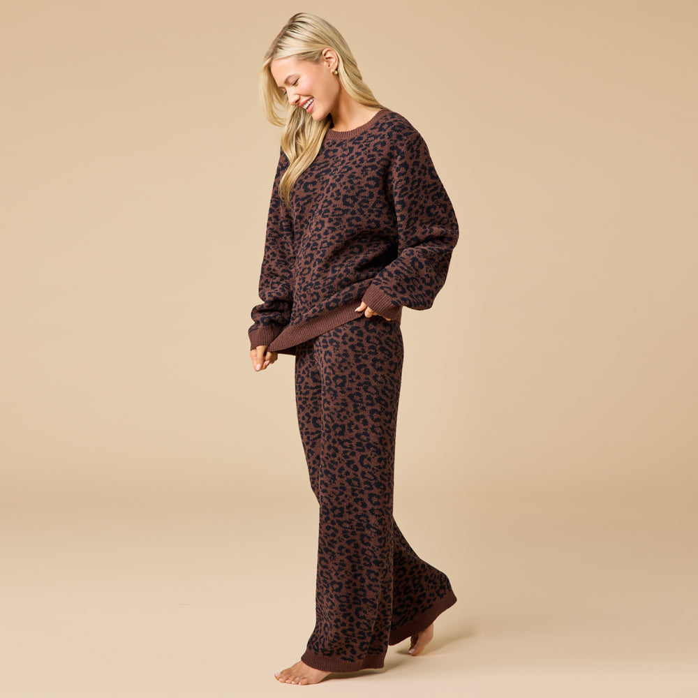 Marshmallow Leopard Print Crew Neck Lounge Set Wild Espresso