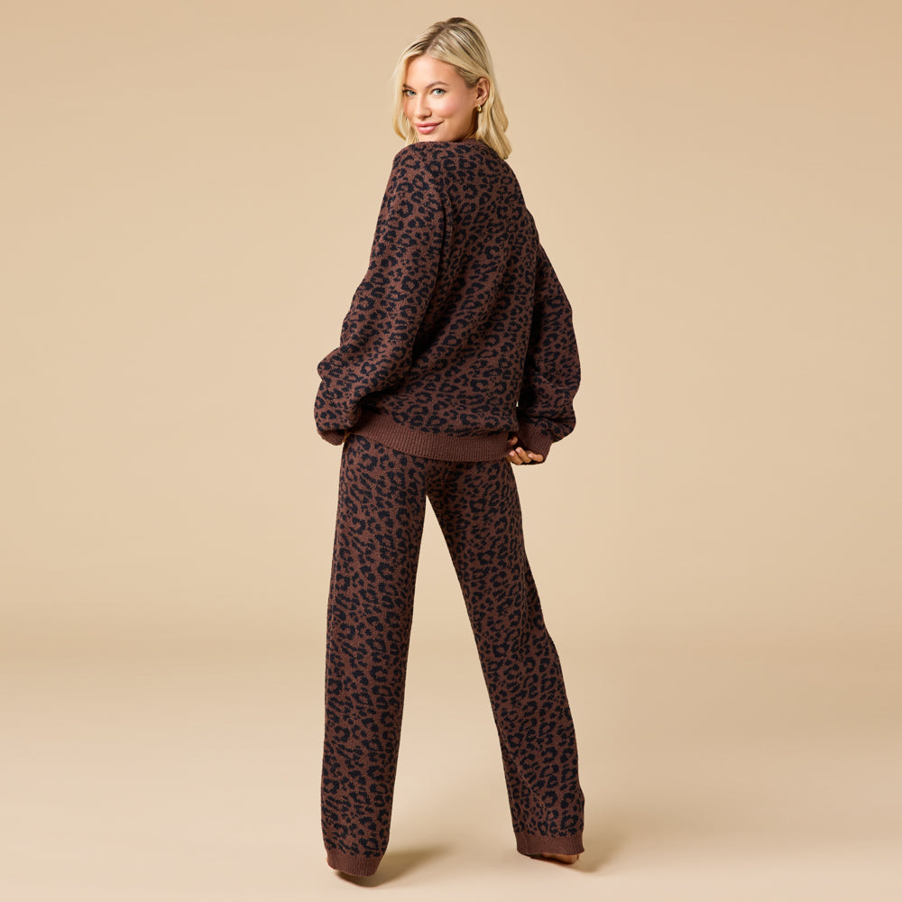 Marshmallow Leopard Print Crew Neck Lounge Set Wild Espresso