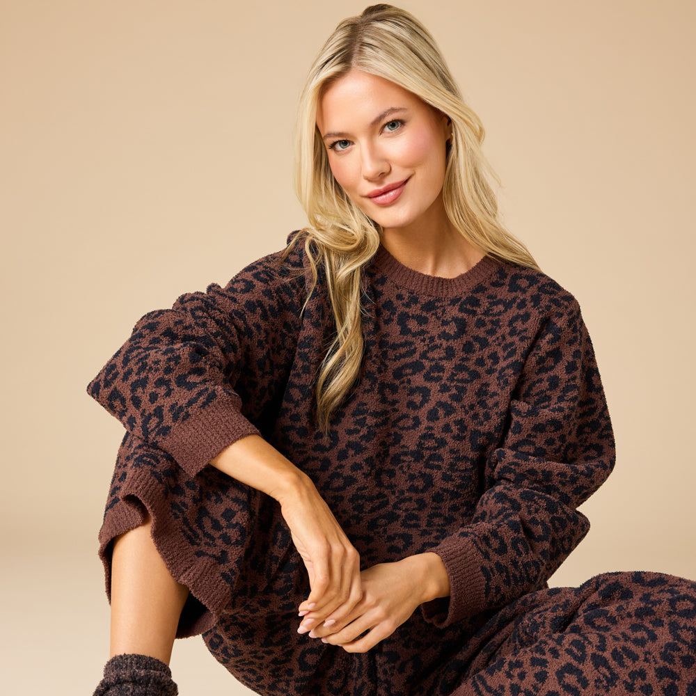 Marshmallow Leopard Print Crew Neck Lounge Set Wild Espresso