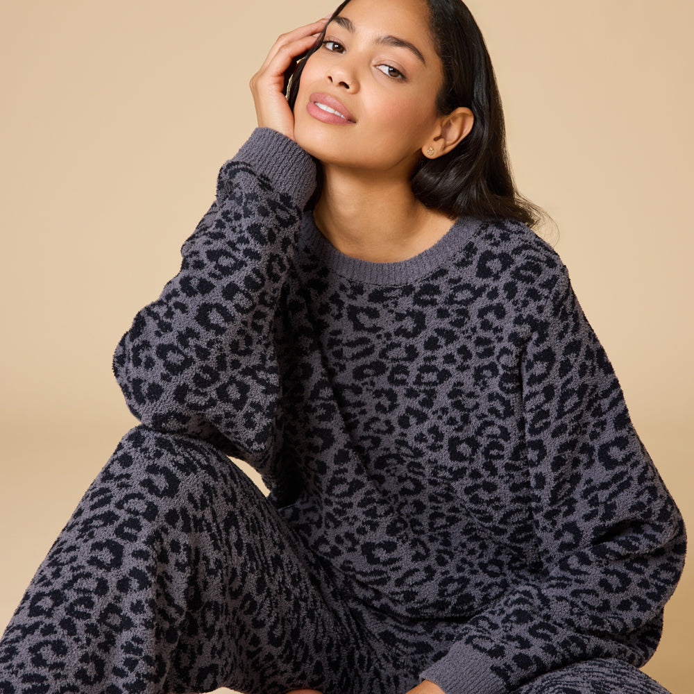 Marshmallow Leopard Print Crew Neck Lounge Set Wild Grey