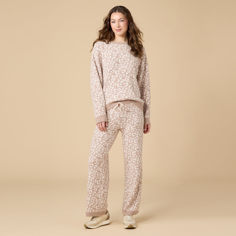Marshmallow Leopard Crew Neck Lounge Set in Wild Almond