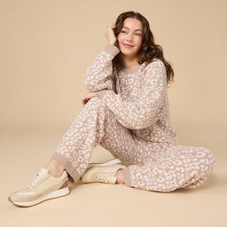 Leopard Marshmallow Crew Neck Lounge Set Marshmallow Leopard Crew Neck Lounge Set in Wild Almond