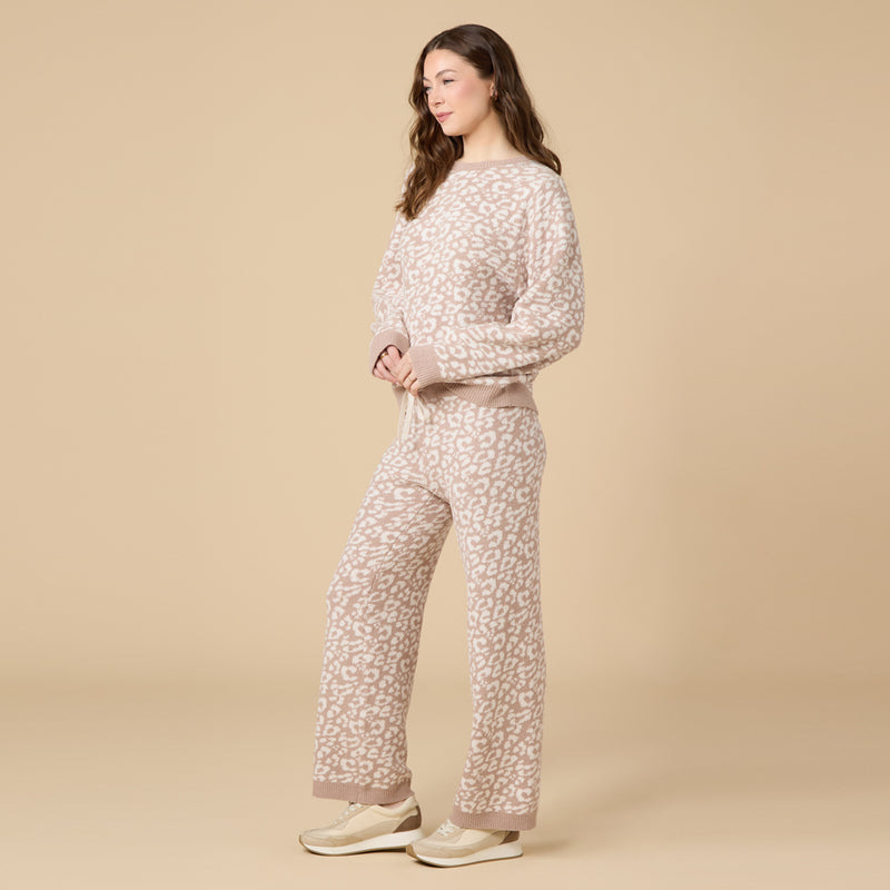 Leopard Marshmallow Crew Neck Lounge Set in Wild Almond