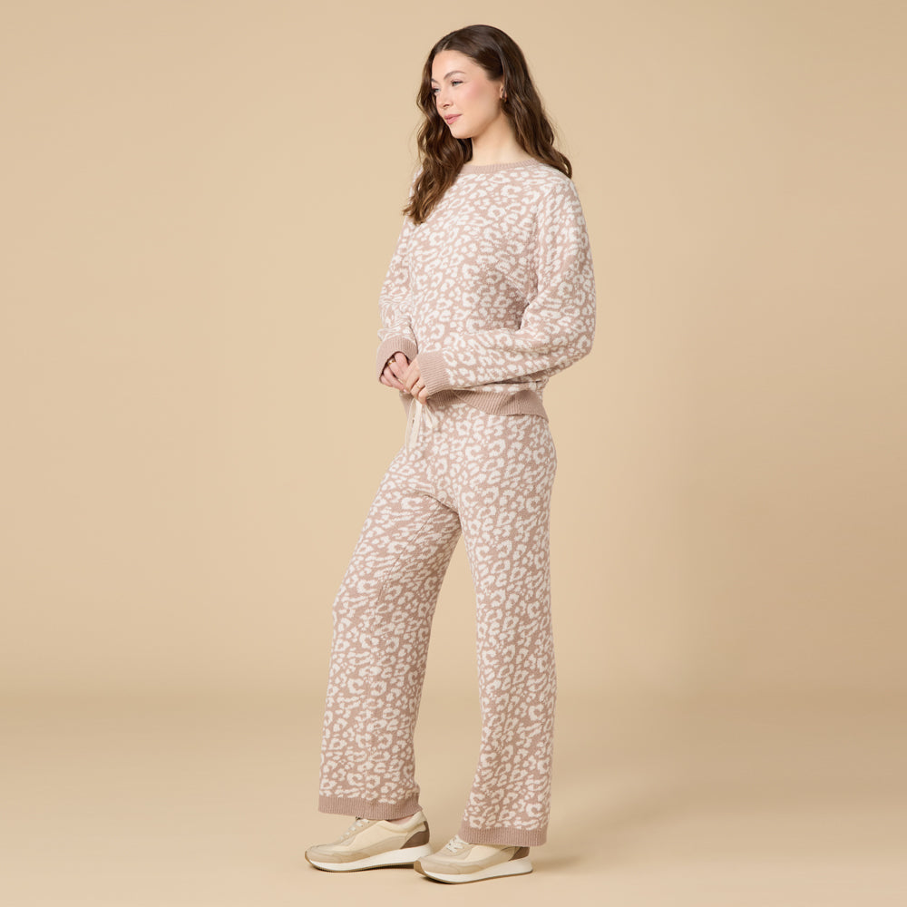 Marshmallow Leopard Crew Neck Lounge Set in Wild Almond