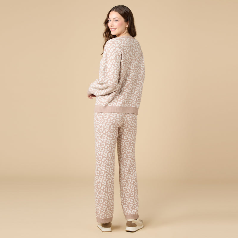 Leopard Marshmallow Crew Neck Lounge Set in Wild Almond