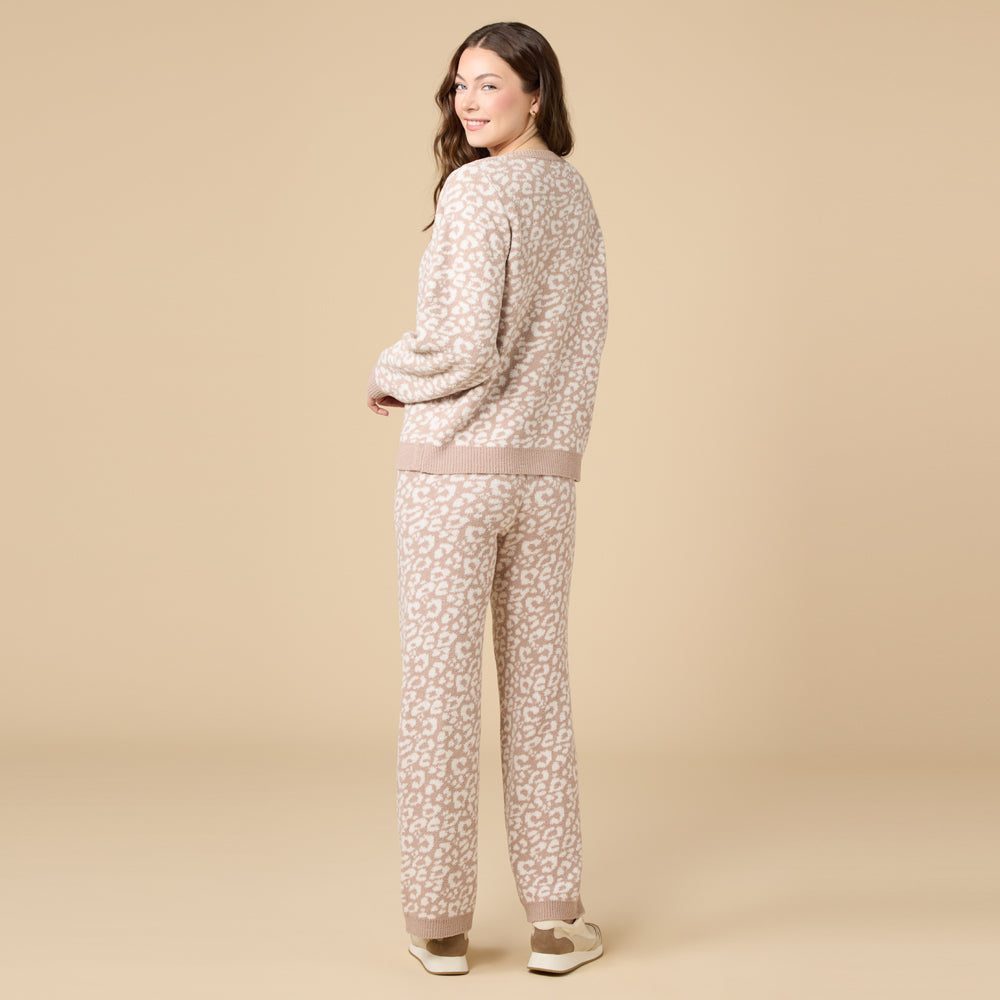 Marshmallow Leopard Crew Neck Lounge Set in Wild Almond