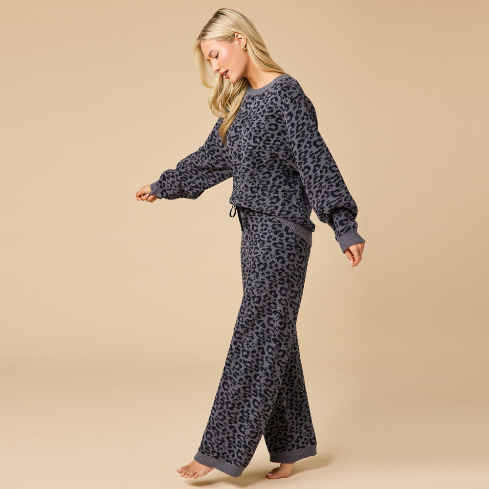 Marshmallow Leopard Crew Neck Lounge Set Wild Grey