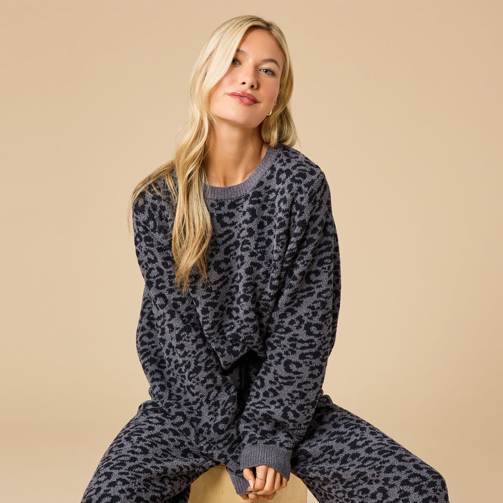 Leopard Marshmallow Crew Neck Lounge Set Marshmallow Leopard Crew Neck Lounge Set in Wild Grey