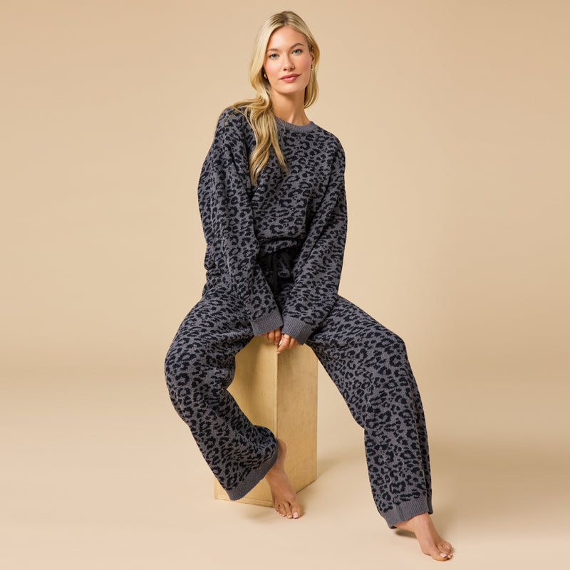 Leopard Marshmallow Crew Neck Lounge Set in Wild Grey