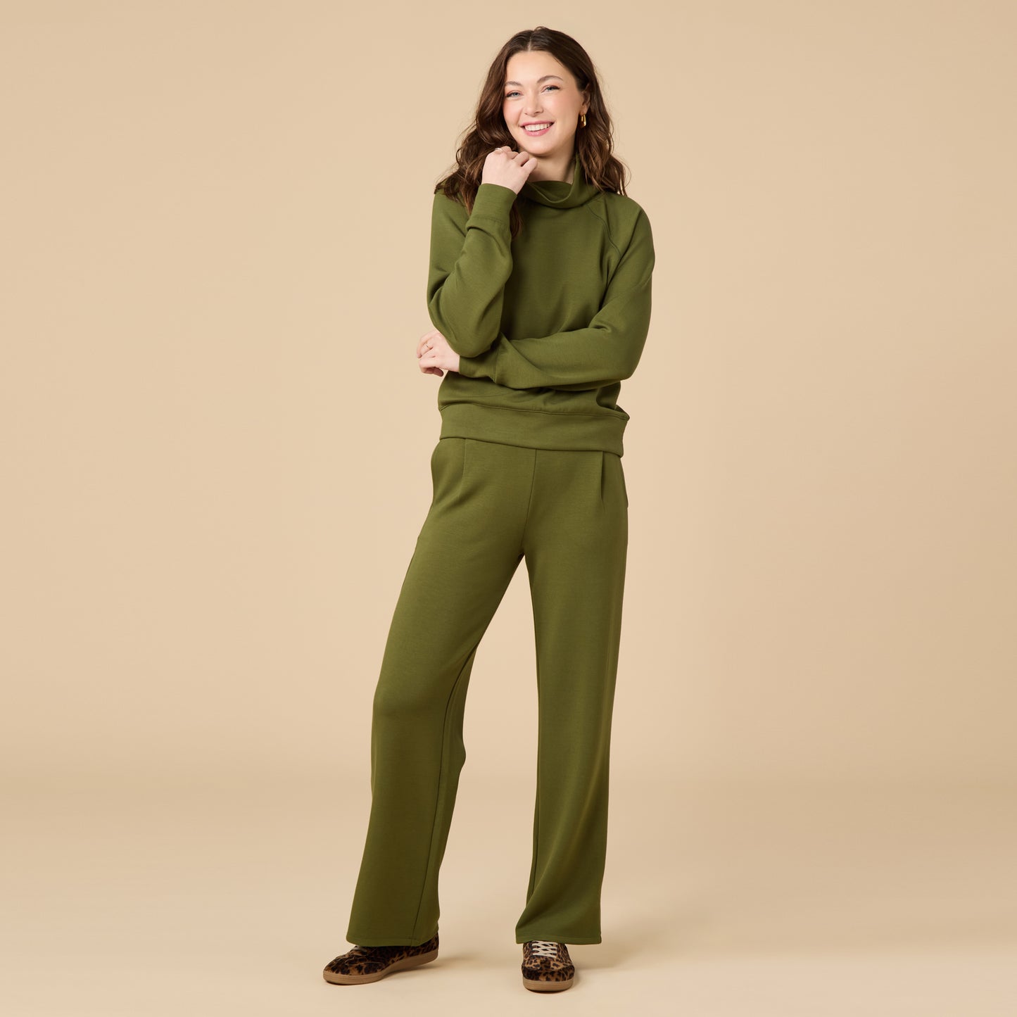 DreamTech Cowl Neck with Pleated Pant in Olive