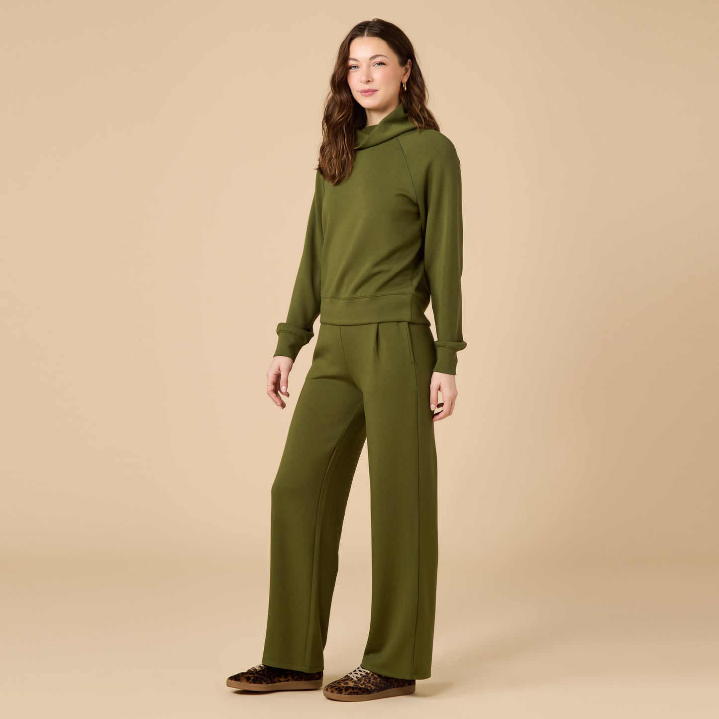 DreamTech Cowl Neck with Pleated Pant in Olive