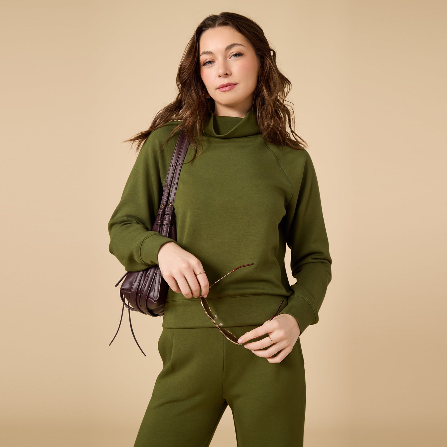 DreamTech Cowl Neck with Pleated Pant in Olive