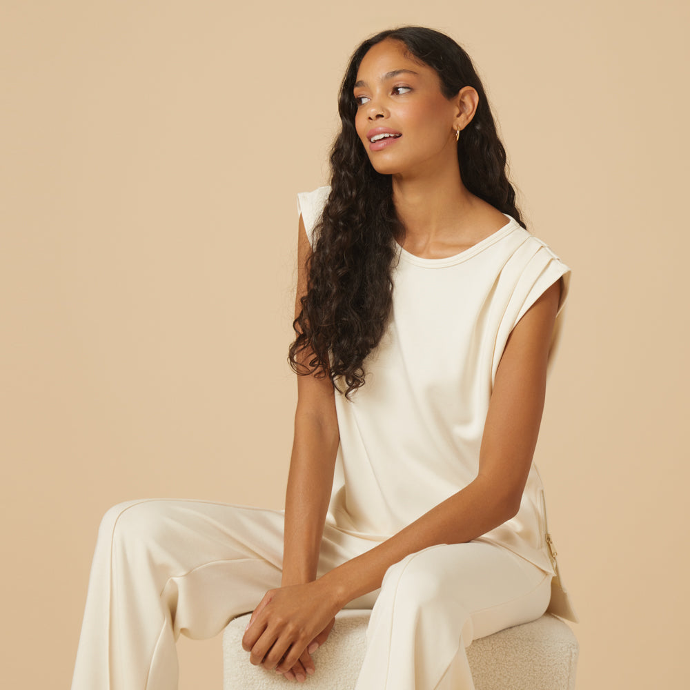 DreamTech Pleated Shoulder Tank with Cropped Pant Almond