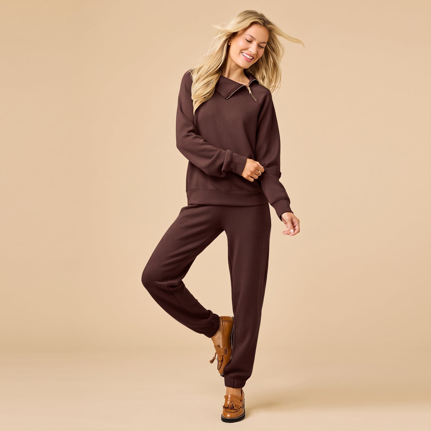 DreamTech Zip Mock Neck with Ankle Pant in Espresso