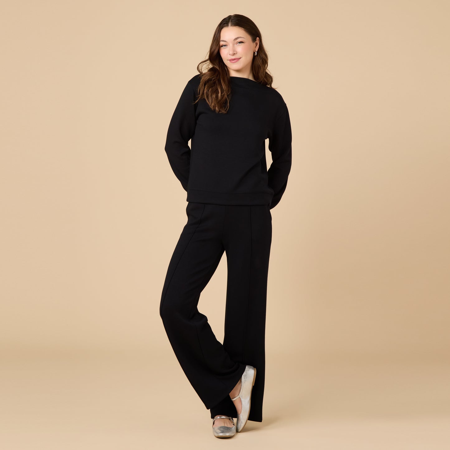 DreamTech Boat Neck with Pintuck Pant Set in Black
