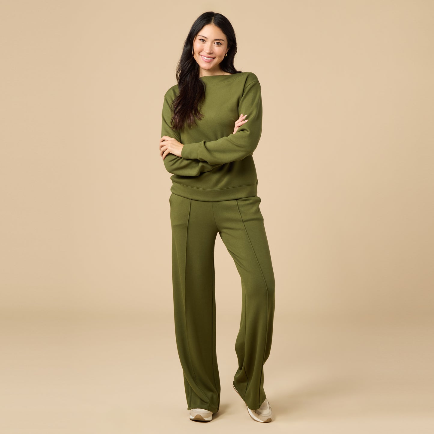 DreamTech Boat Neck with Pintuck Pant Set in Olive