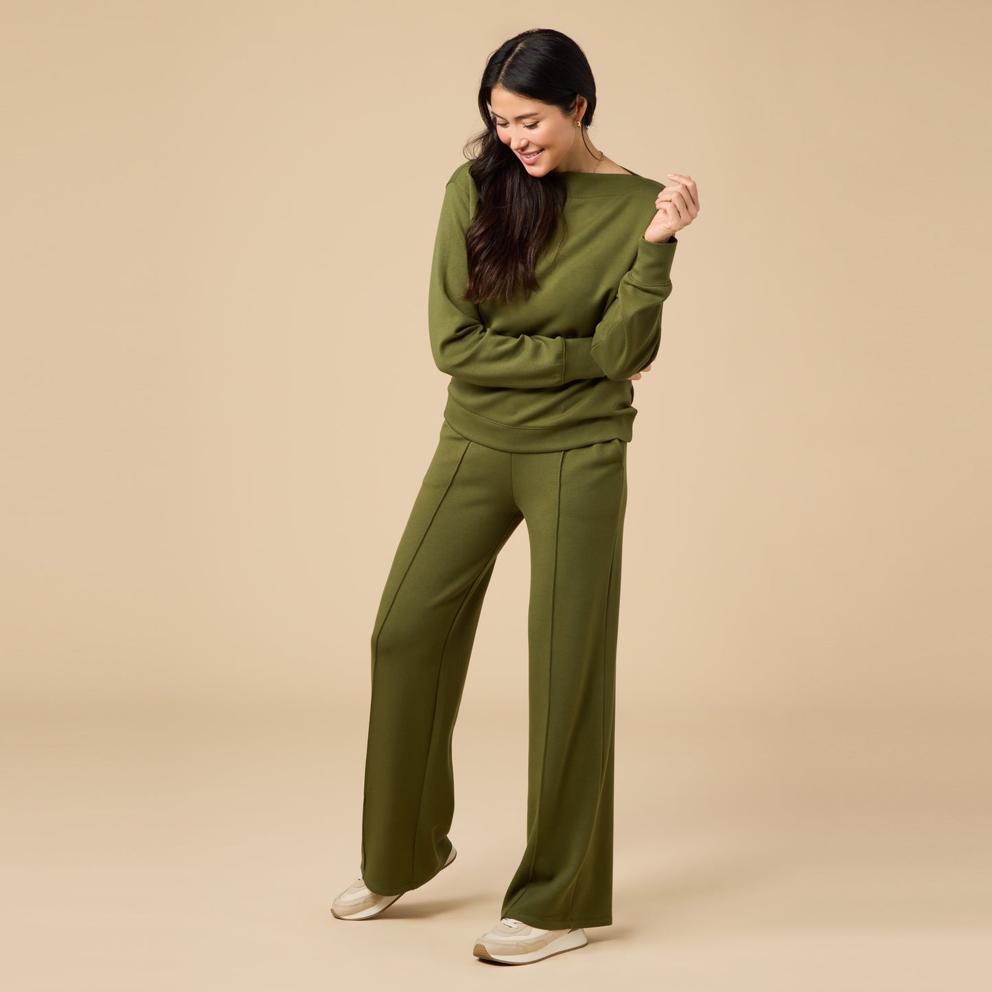 DreamTech Boat Neck with Pintuck Pant Set in Olive