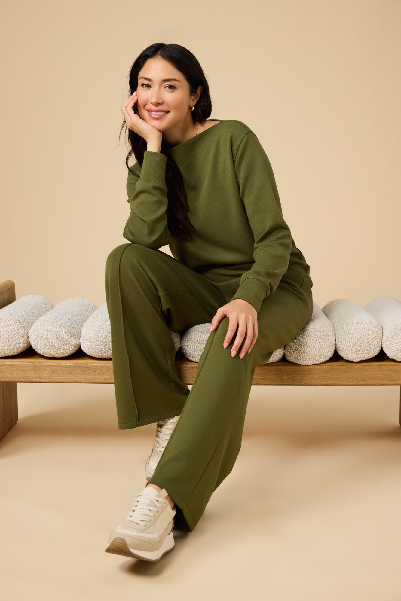 DreamTech Boat Neck with Pintuck Pant Set in Olive