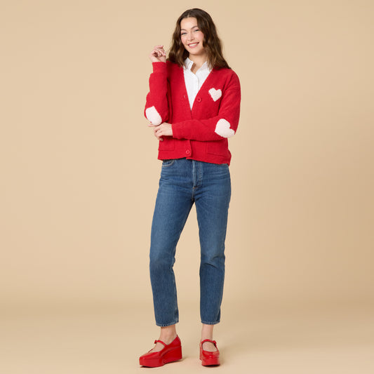 Marshmallow Heart Crop Cardigan in Red