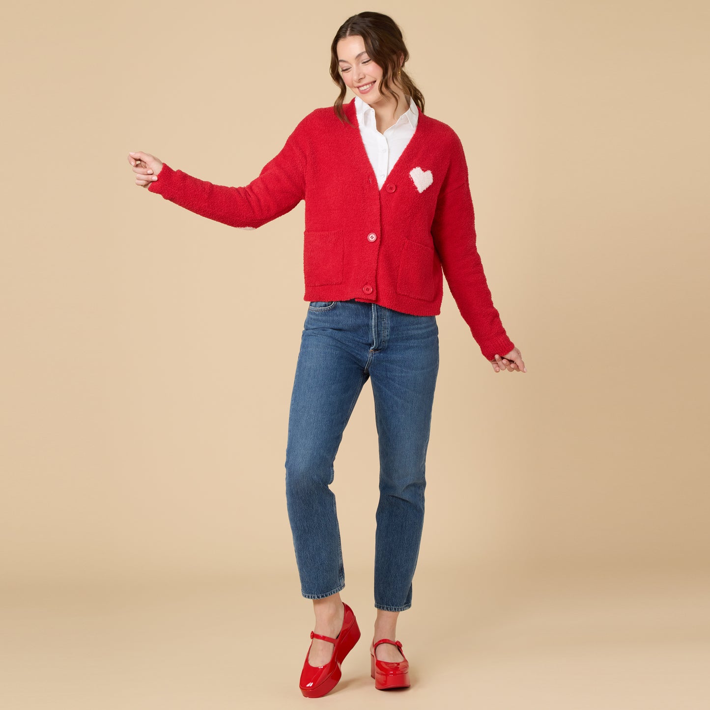 Marshmallow Heart Crop Cardigan in Red