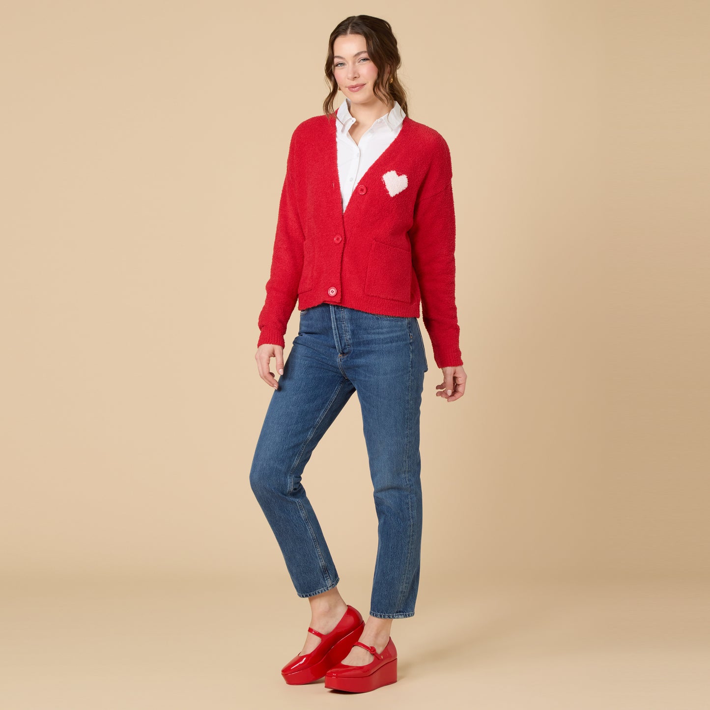 Marshmallow Heart Crop Cardigan in Red