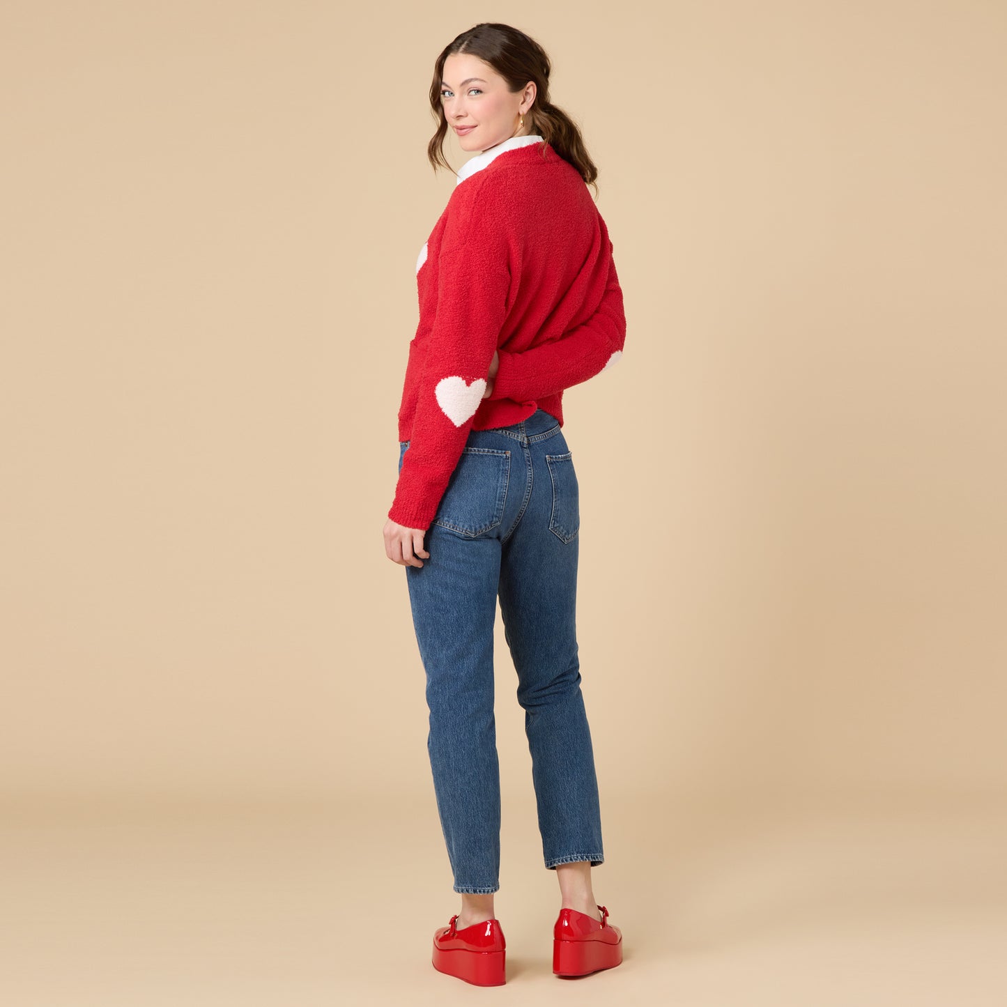 Marshmallow Heart Crop Cardigan in Red