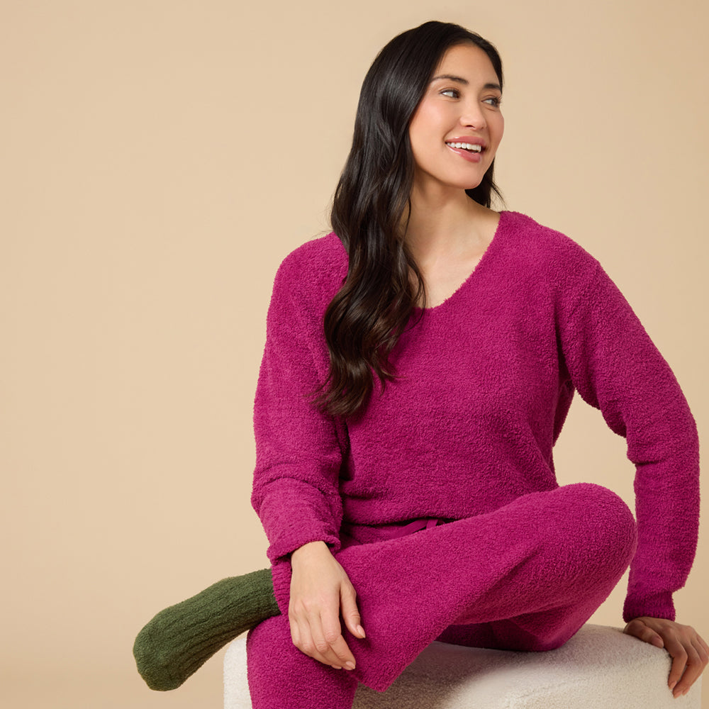 Solid Marshmallow V-Neck Lounge Set in Magenta