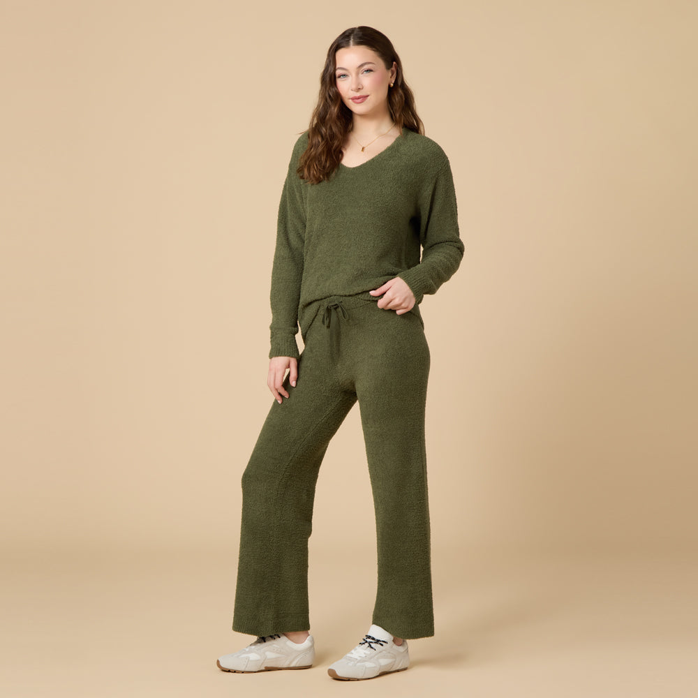 Solid Marshmallow V-Neck Lounge Set in Olive