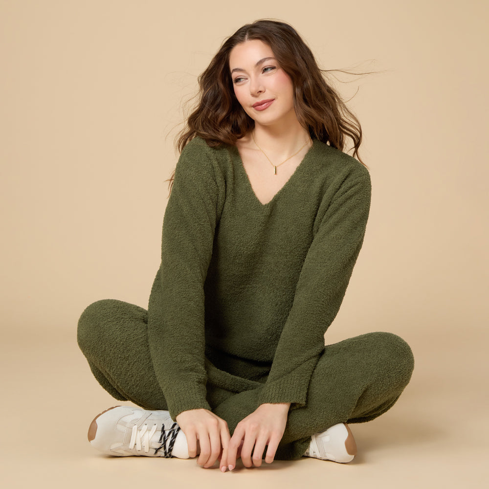 Solid Marshmallow V-Neck Lounge Set in Olive