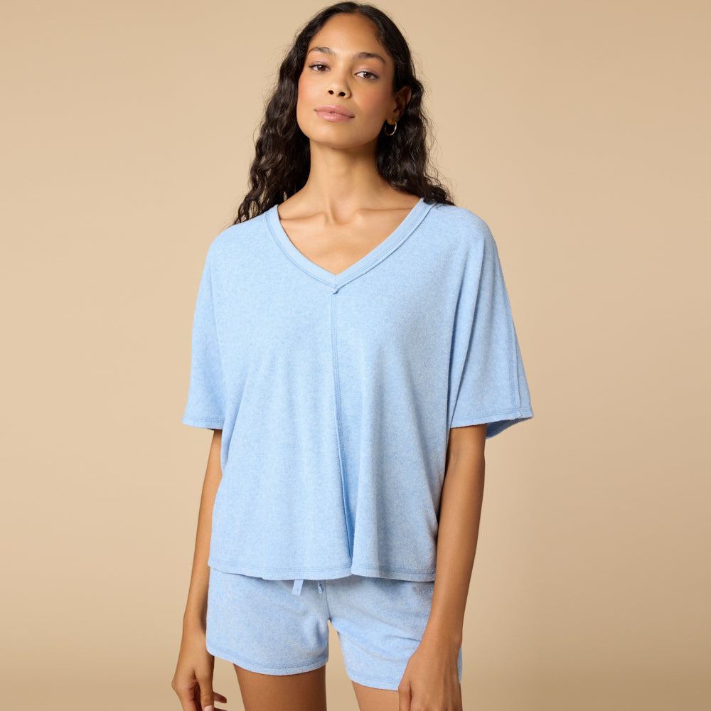 Terry Relaxed V-neck with Short Set Terry Relaxed V-neck with Short Set in Heather Sky Blue