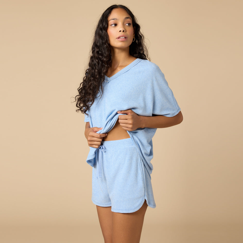 Terry Relaxed V-neck with Short Set in Heather Sky Blue